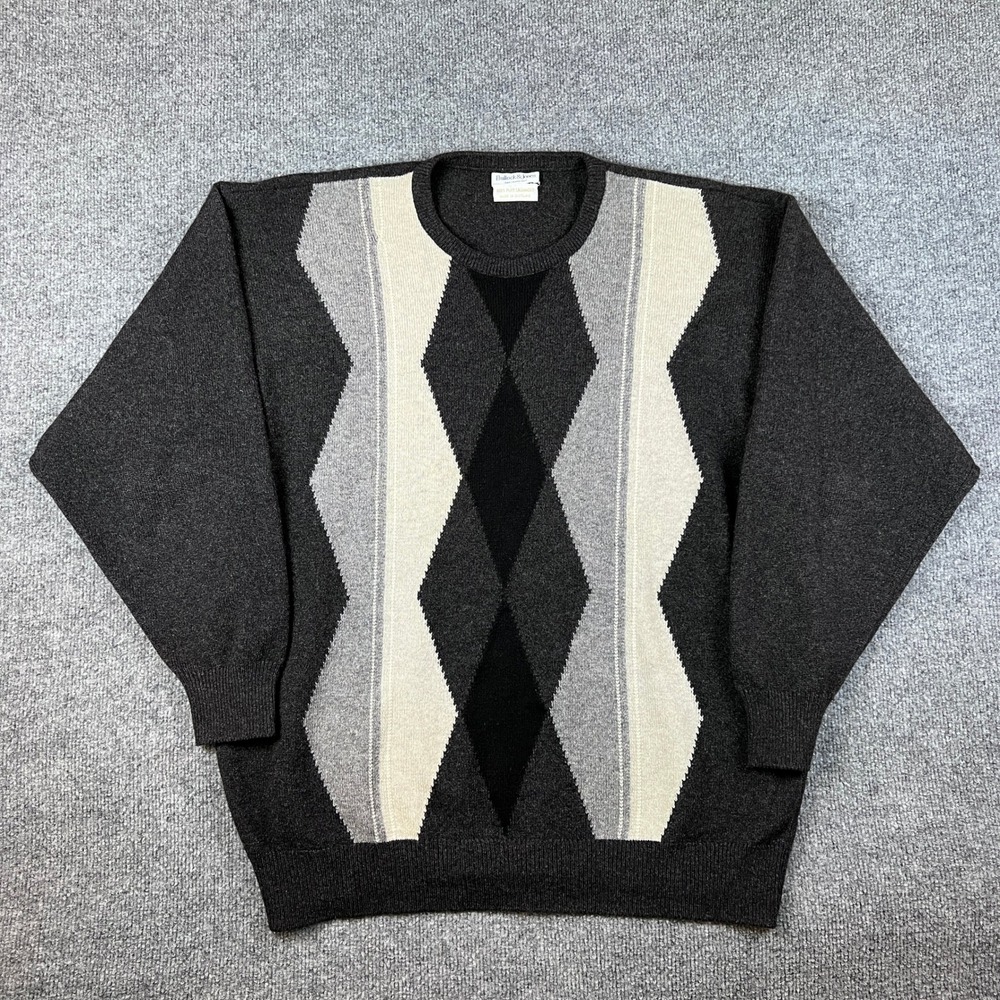 Vintage Bullock & Jones Sweater Mens XL Gray 100% Cashmere Crew Argyle Scotland